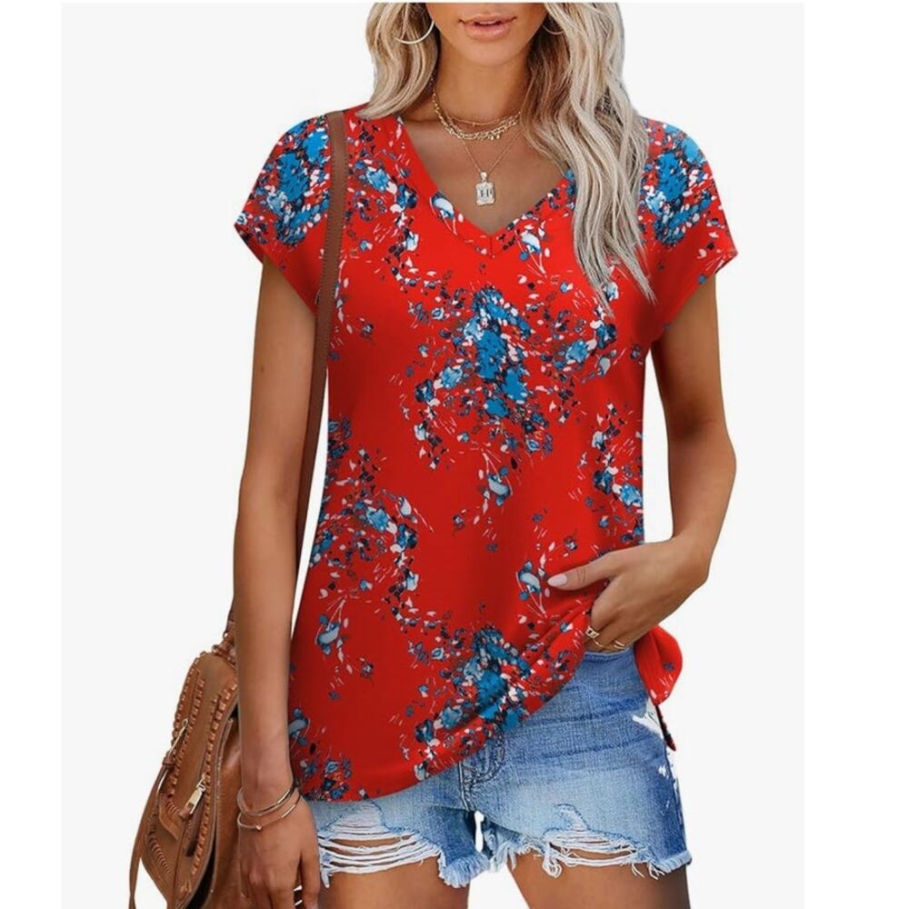 Sampeel Women's Summer Top 2025 Cap Sleeve Trendy V‎ Neck RWB Size Large